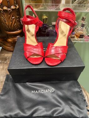 Marciano Red Croc-Embossed Ankle-Strap Heels